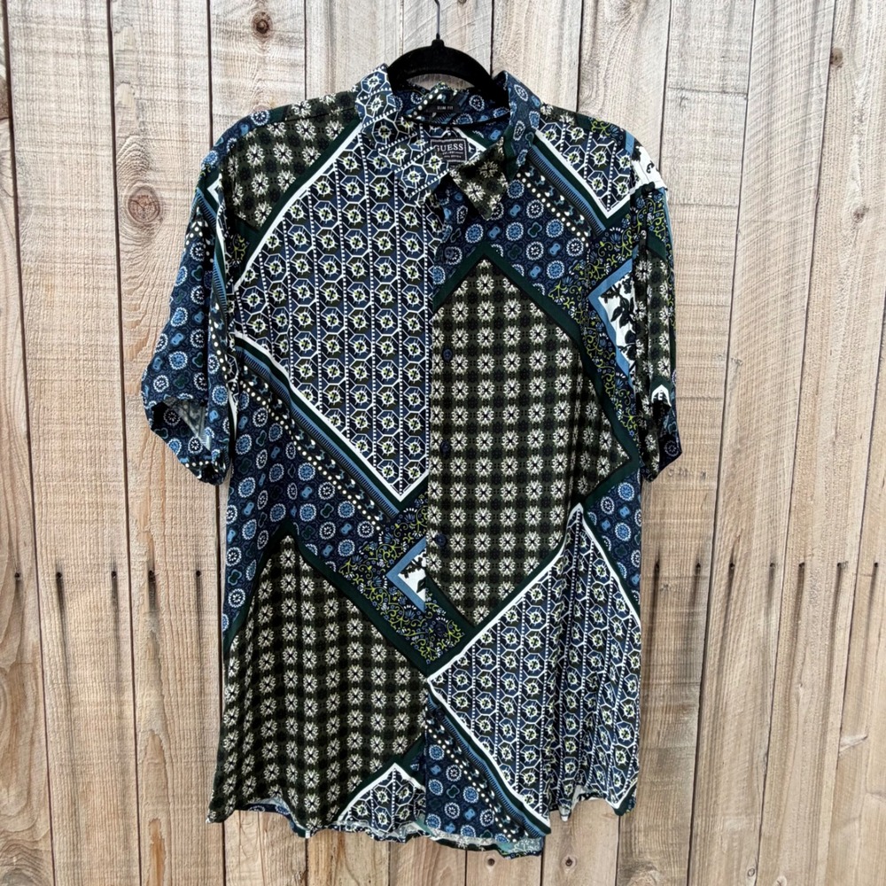 Guess Large Patchwork Geometric Print Button Down Shirt Slim Fit Boho Indie